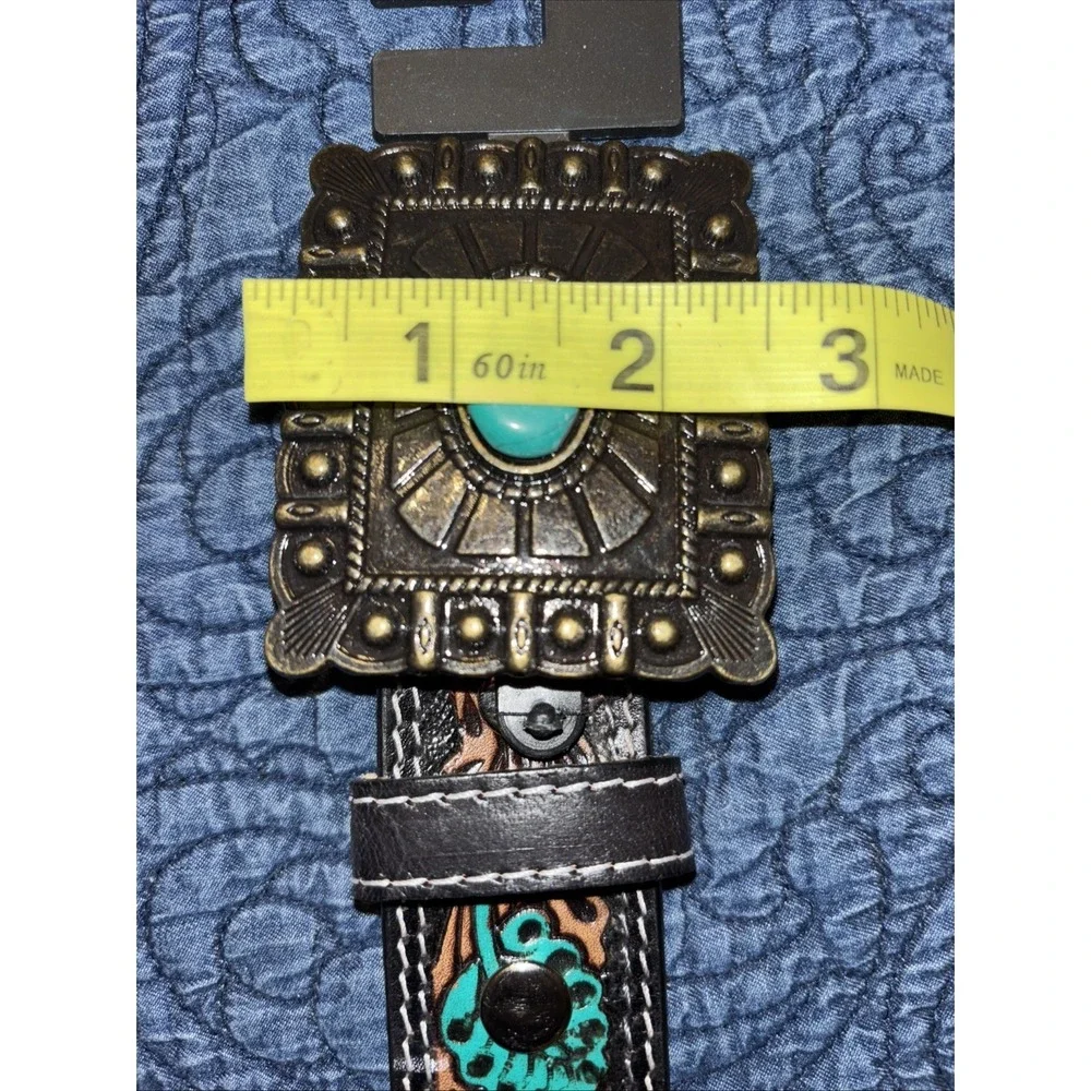 NWT American Bison Tooled Leather Belt Sz XL 42-44 Sunflower Turquoise Buckle